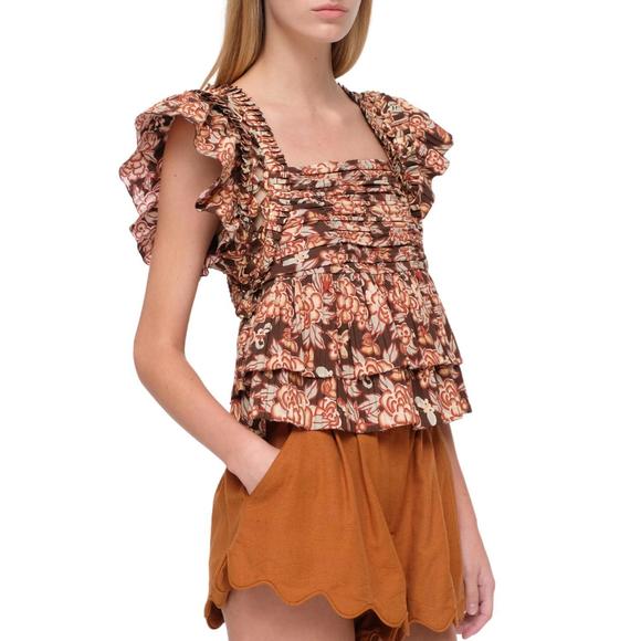 NEW SEA emelia print flutter sleeve top in brown - Picture 2 of 3